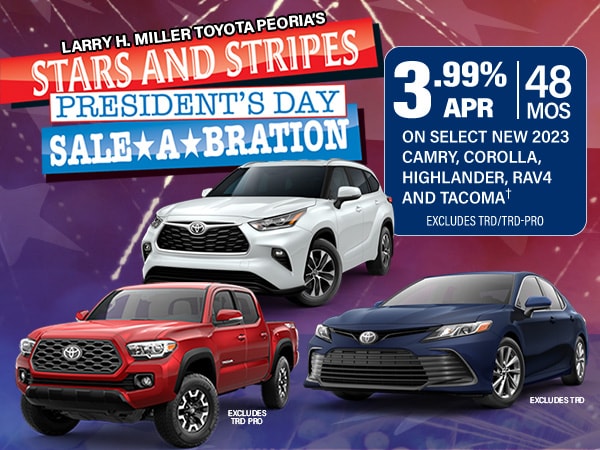 3.99% APR for 48 Months on select new 2023 Camry, Corolla, Highlander, RAV4 and Tacoma