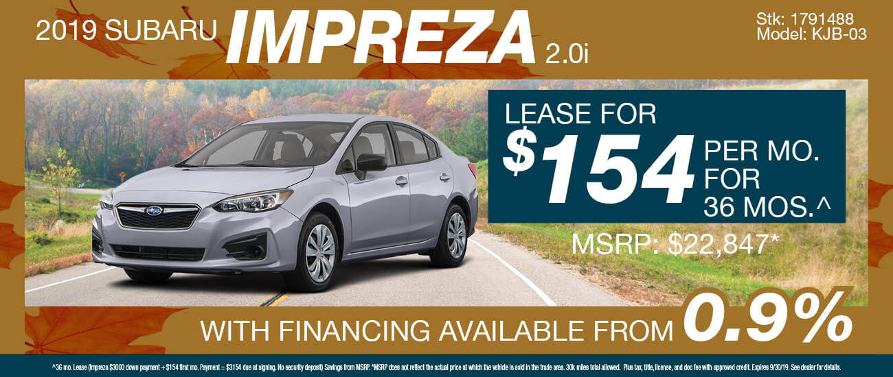 Lease a 2019 Subaru Impreza for $154/mo. for 36 mos.