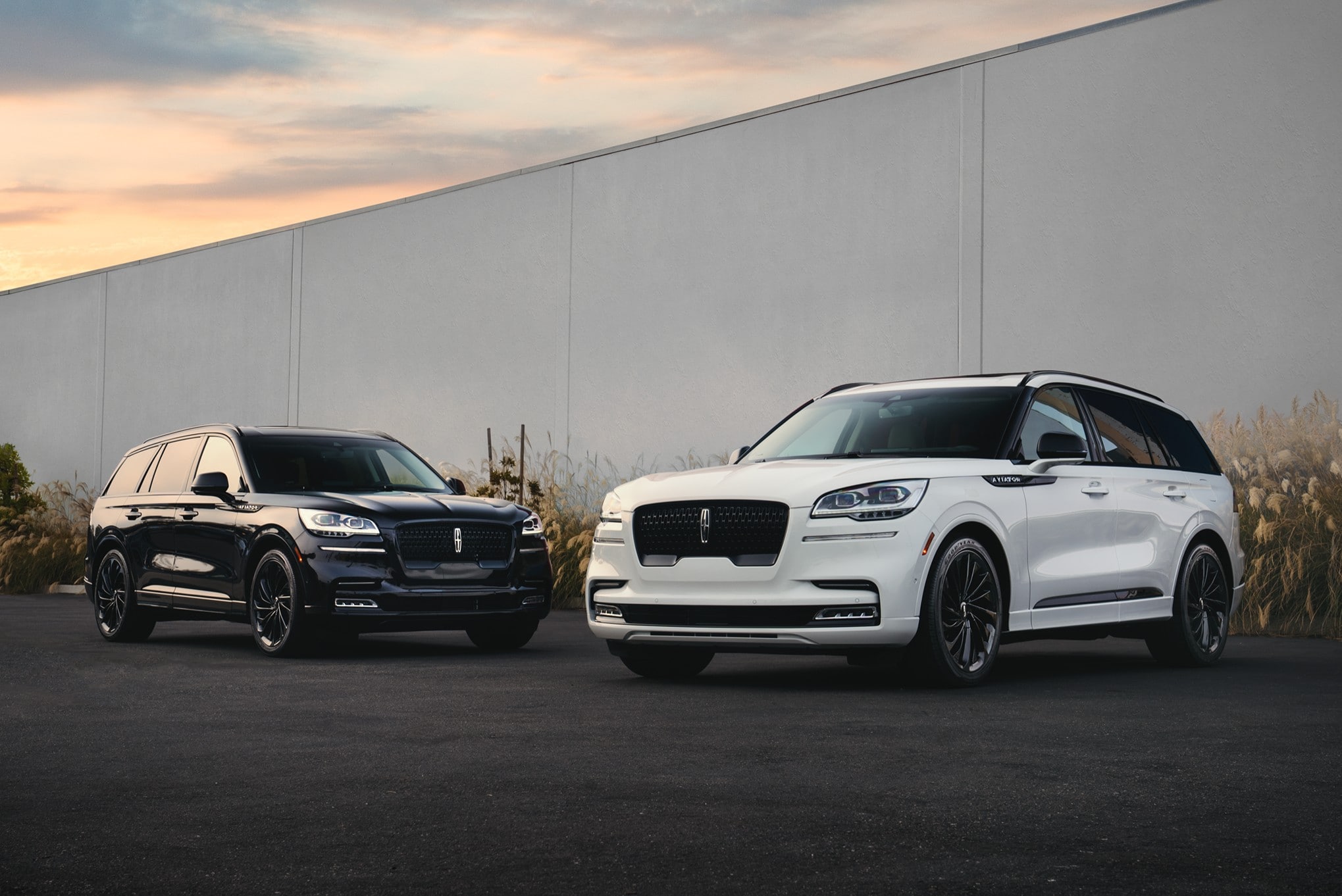 Two Lincoln Aviator® SUVs are shown with the available Jet Appearance Package