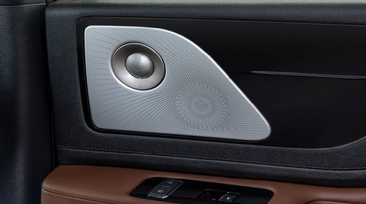 A close-up of a speaker located on the doorās interior is shown.