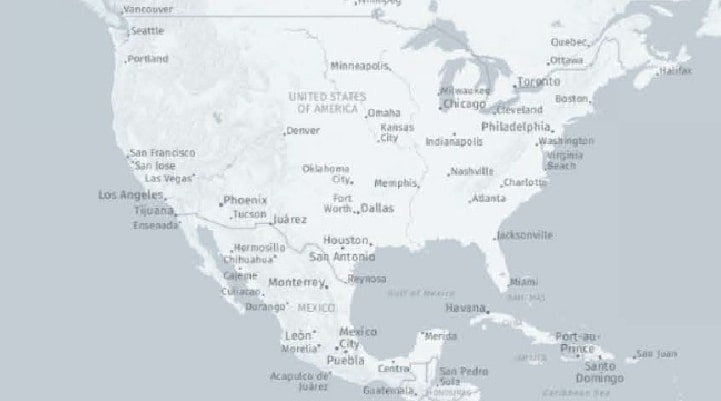 A map of North and Central America displays major cities.