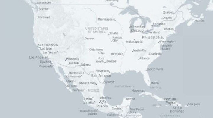 A map of North and Central America displays major cities.