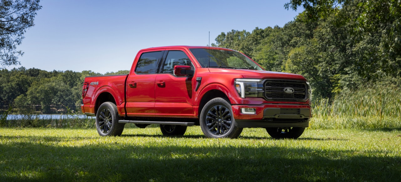 red Ford F-150 truck parked in the grass