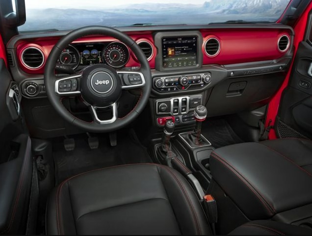 new Jeep Wrangler SUV black and red interior