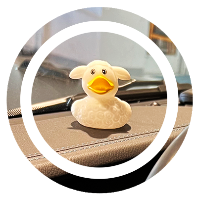 A rubber duck sitting on the dash of a vehicle.