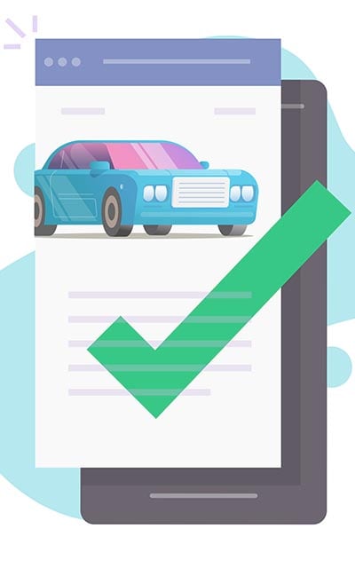 illustration of a cell phone with a picture of a car and a green check mark.