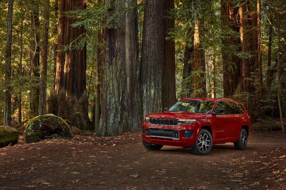 red Jeep Grand Cherokee, L trim, parked in a forest clearing