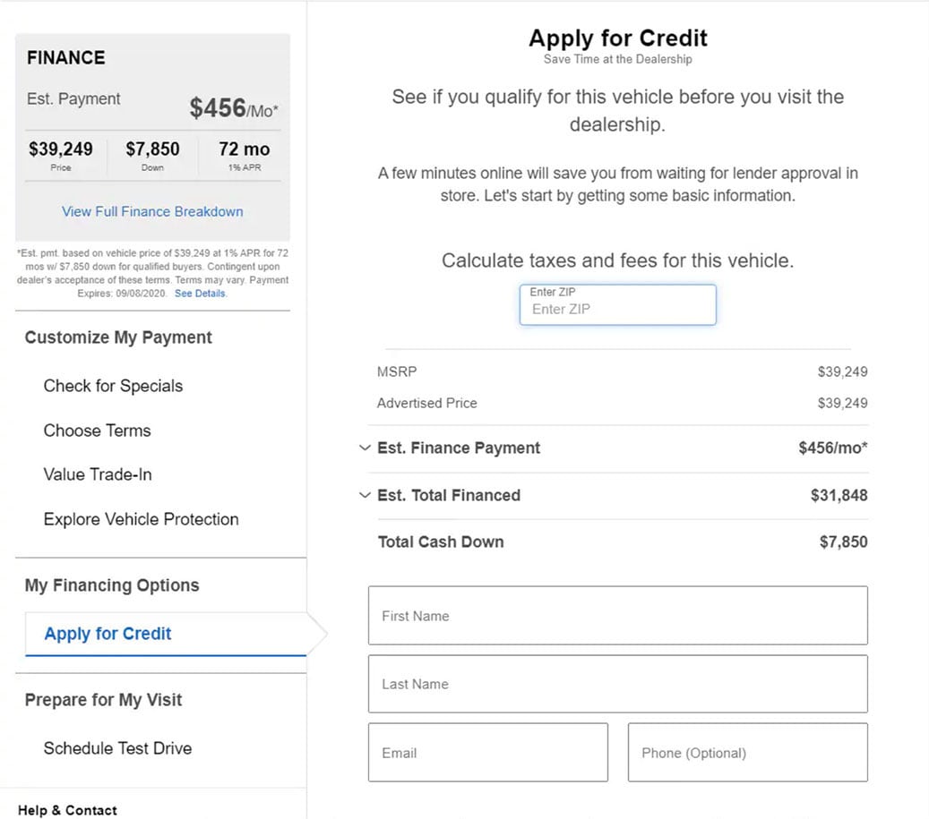 A screen shot of the apply for credit tool