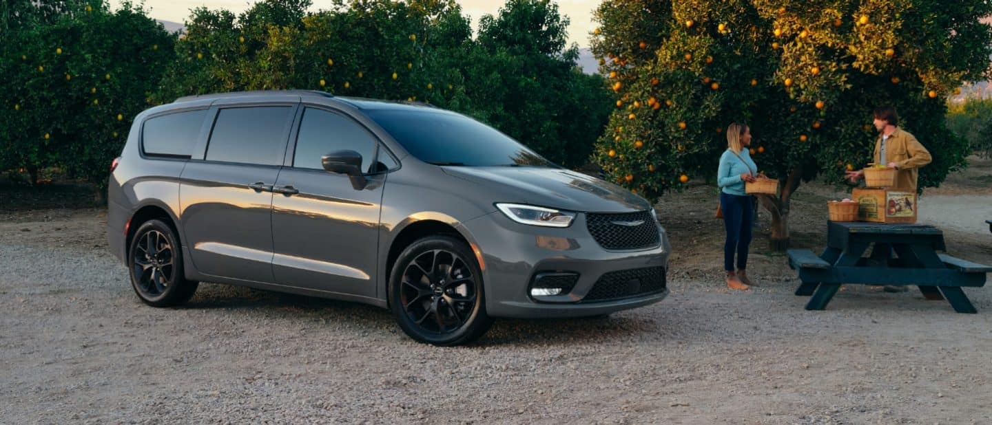 black Chrysler Pacifica minivan parked in an orange grove with a couple nearby