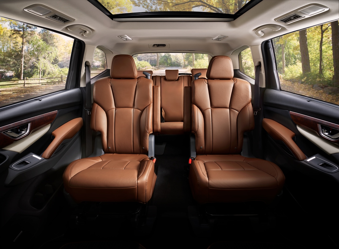 tan leather interior of a Subaru Ascent third-row SUV