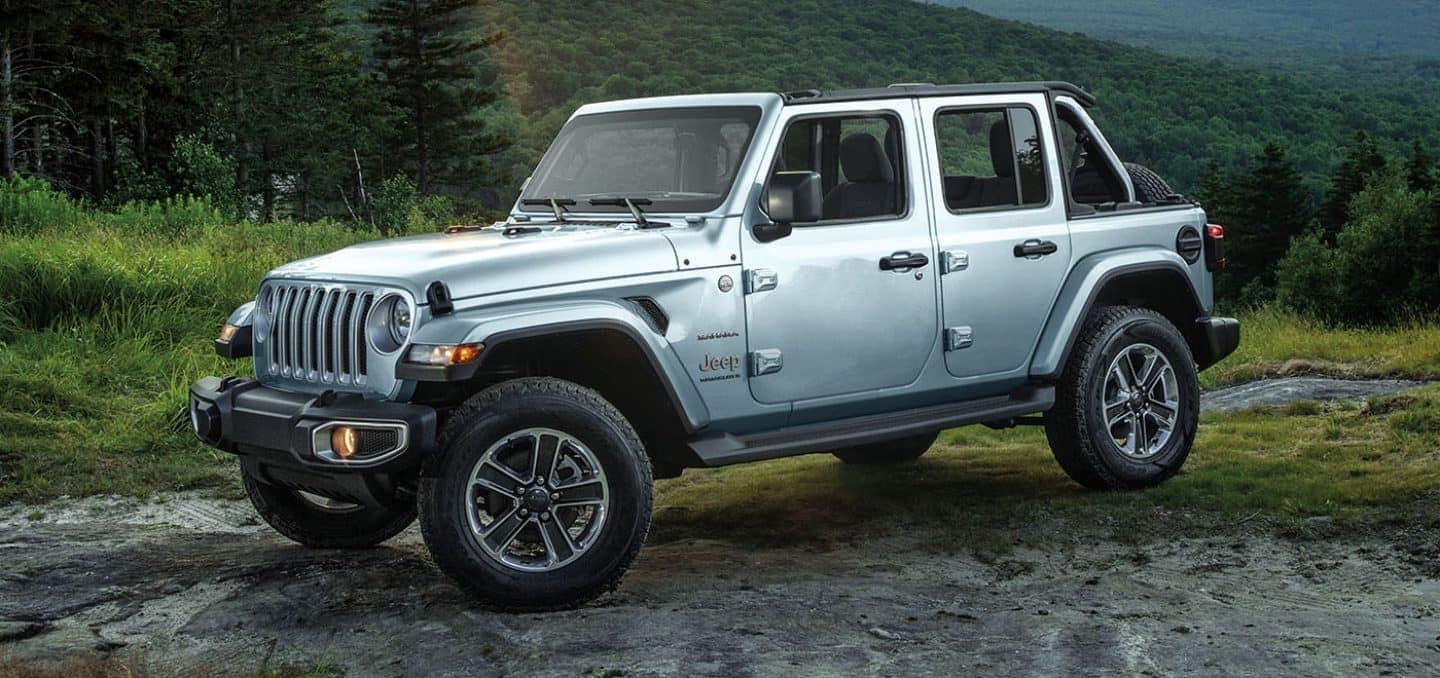 white Jeep Wrangler SUV parked on a wet rock, surrounded by lush plants