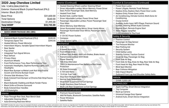 Used 2020 Jeep Cherokee Limited with VIN 1C4PJLDB4LD549156 for sale in Lockhart, TX