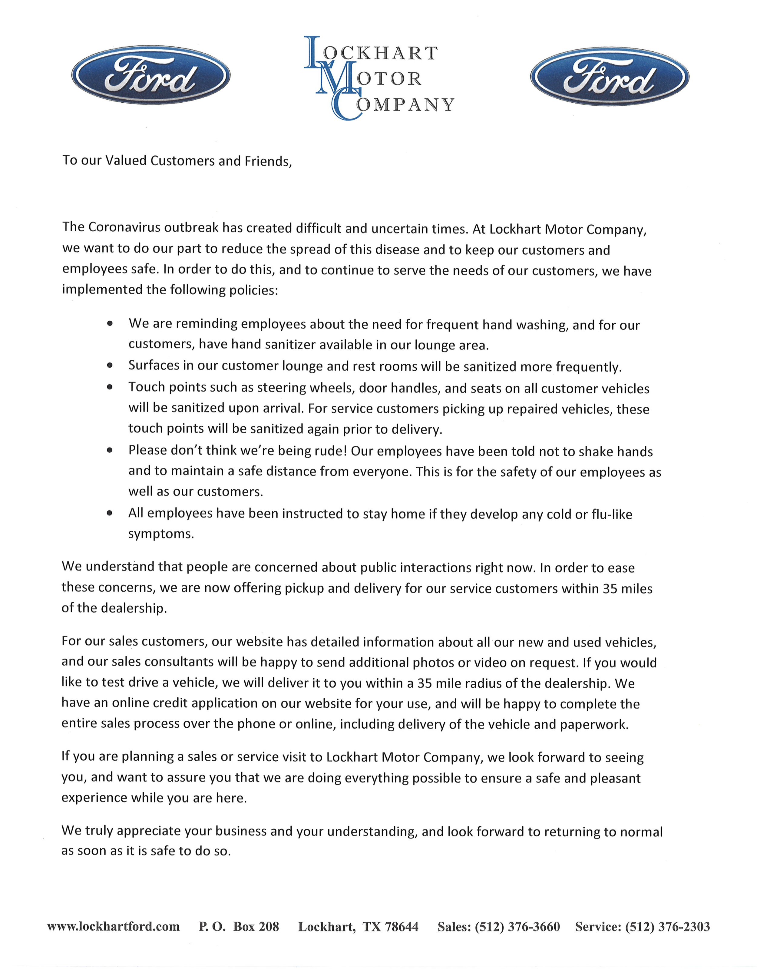 Lockhart Coronavirus Statement Lockhart Motor Company