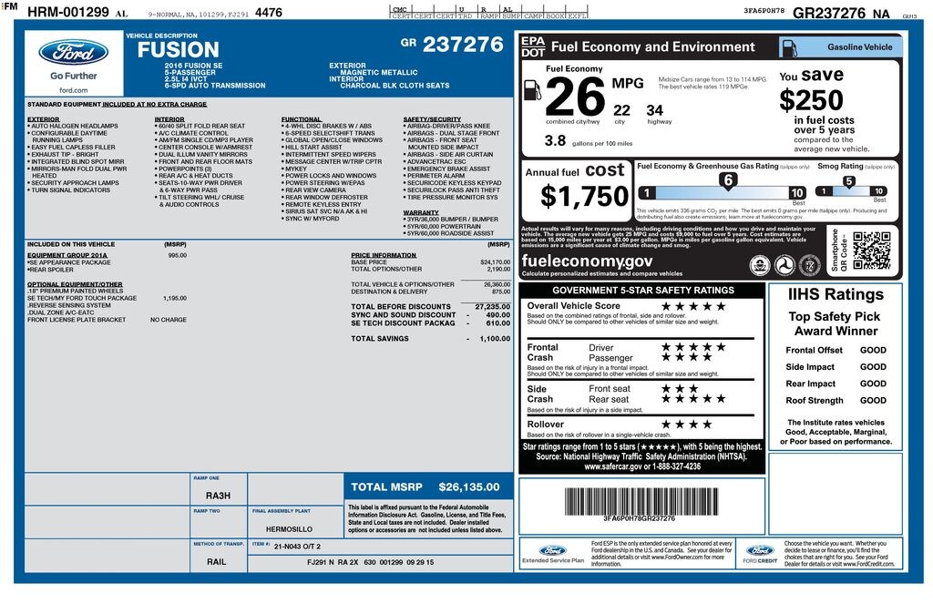 Used 2016 Ford Fusion SE Sedan