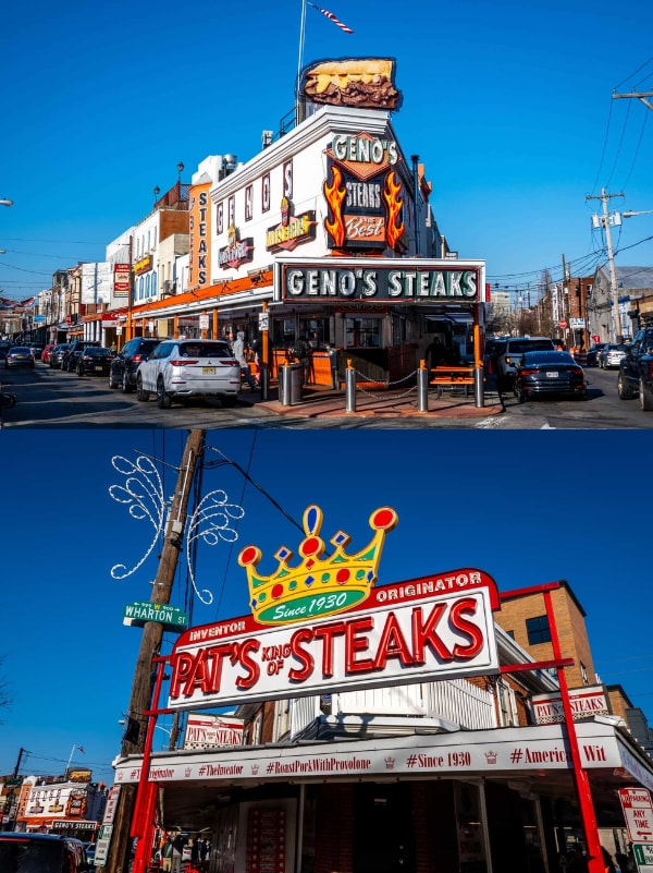 2 pictures, one of geno's steaks resturaunt and the other of Pat's king of steaks resturaunt