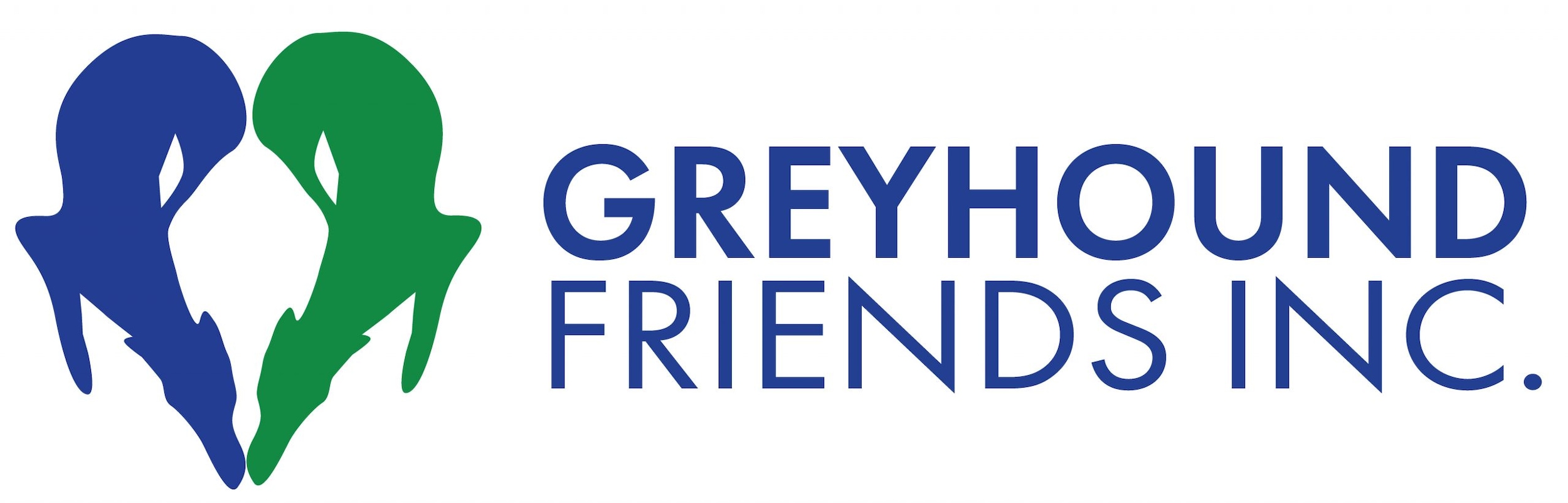 Greyhound Friends logo which is 2 greyhounds making a heart that are green and blue. 