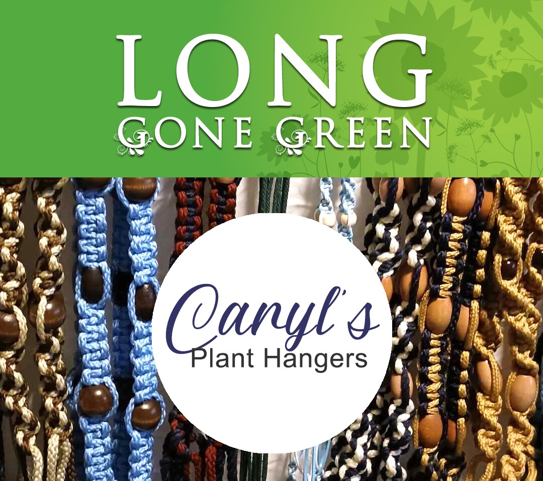 Long Gone Green Logo with Caryl's Plant Hangars pictured in the background