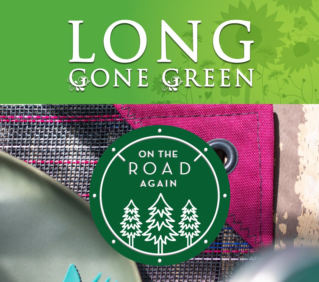 Long gone green header with On The Road Again Logo and pink bag as a background