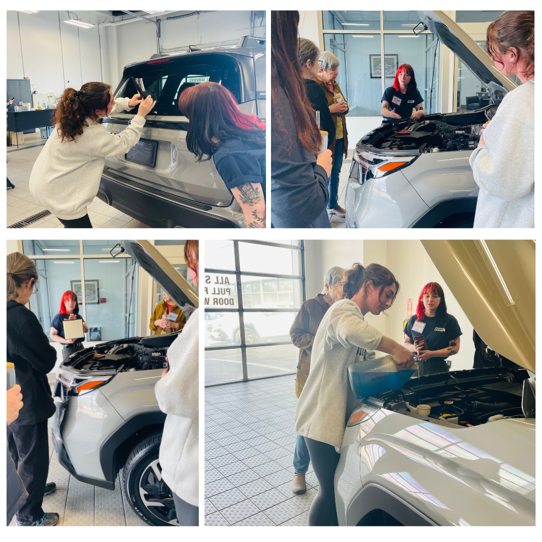 4 pictures of Alana explaining how to change an air filter, gathered around a subaru forester. The guest are looking and also shows some practicing putting in windshield washer fluid
