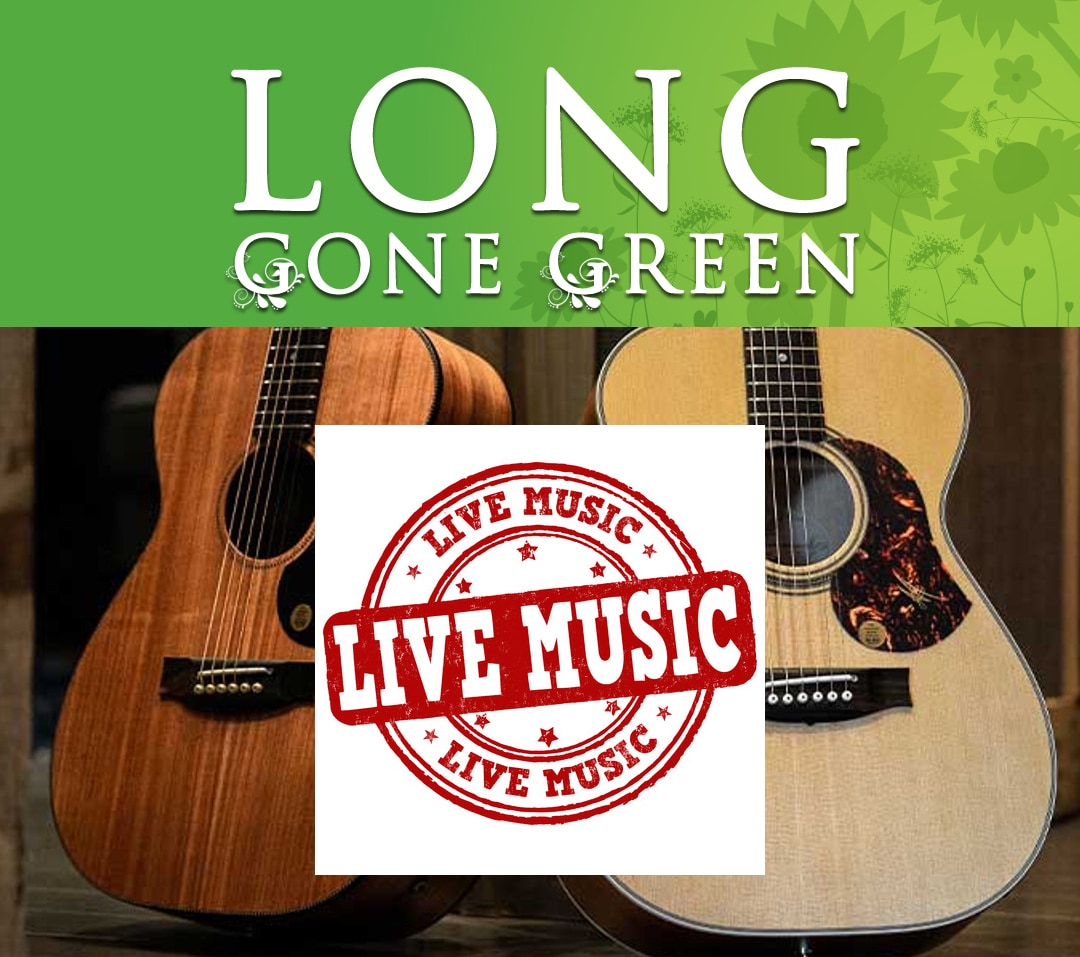 Long Gon Green logo header with the word's Live music and 2 guitars in the background.