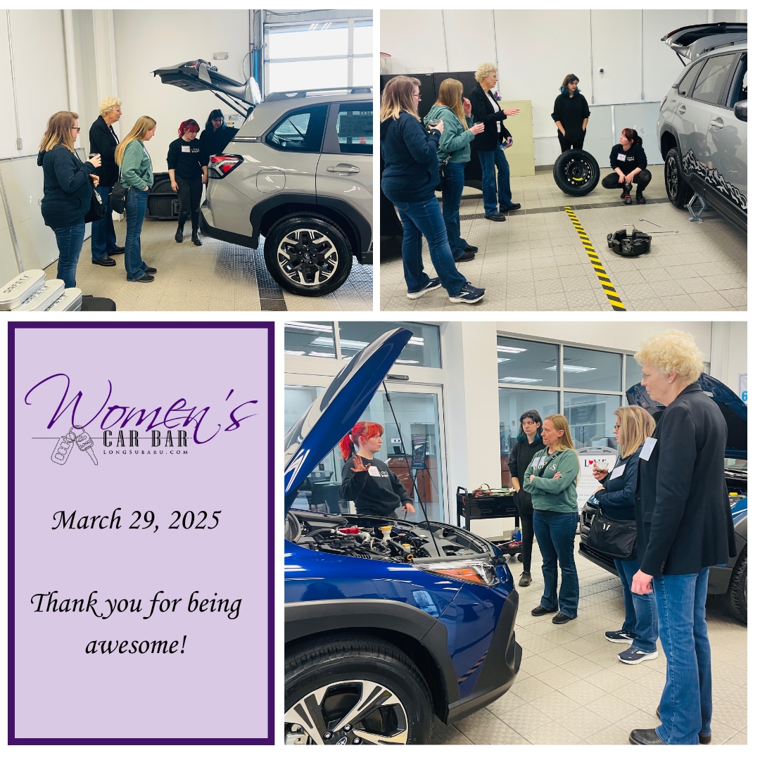 3 pictures of the second car bar showing how to jump a car with jumper cables and guests learning how to change a tire. 