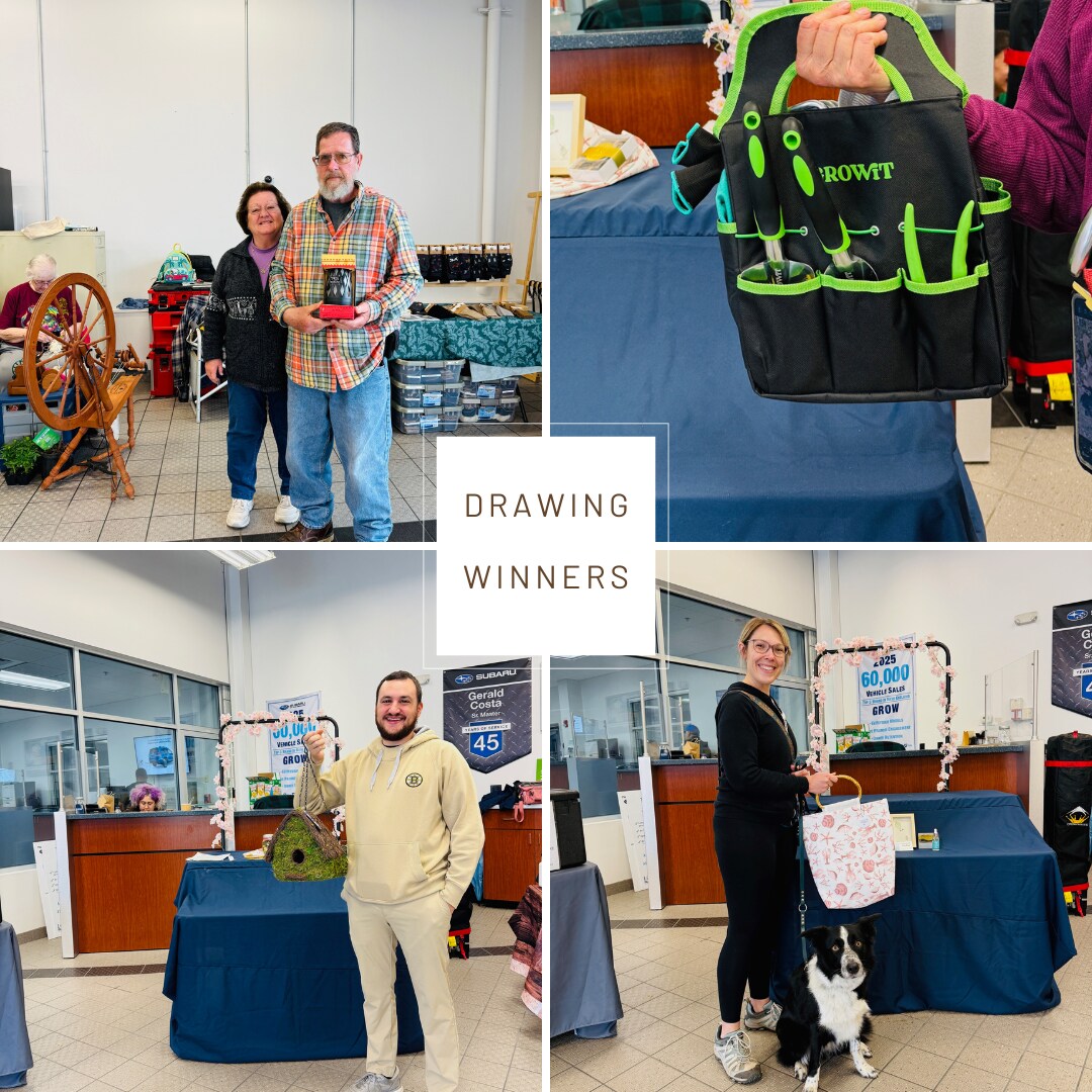 Picture of 4 individuals winning the drawings. a couple holding a subaru lantern speaker, a bag of garden tools, a guy holding a moss bird house, a girl and her dog winning the best of show bag.