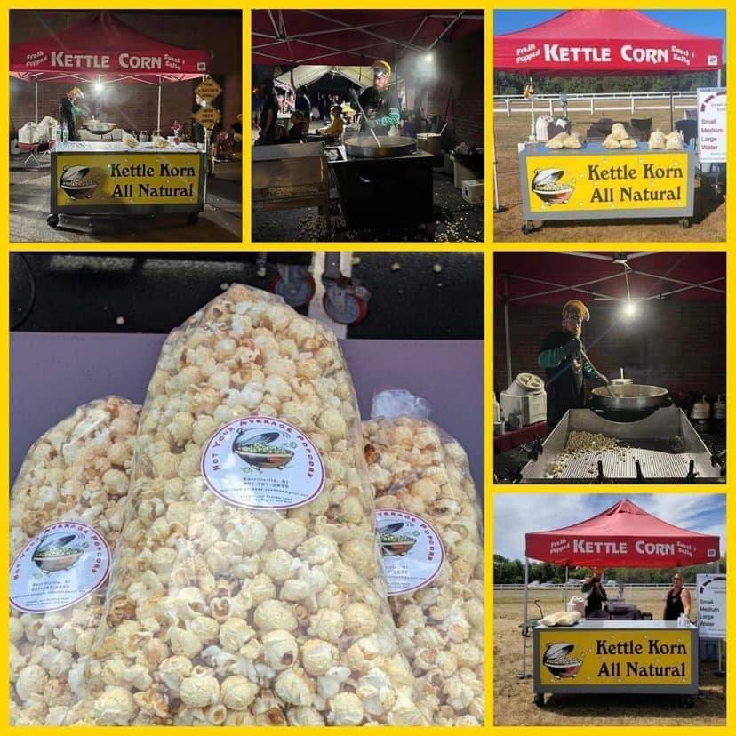 6 pictures showing their pop corn and their set up.