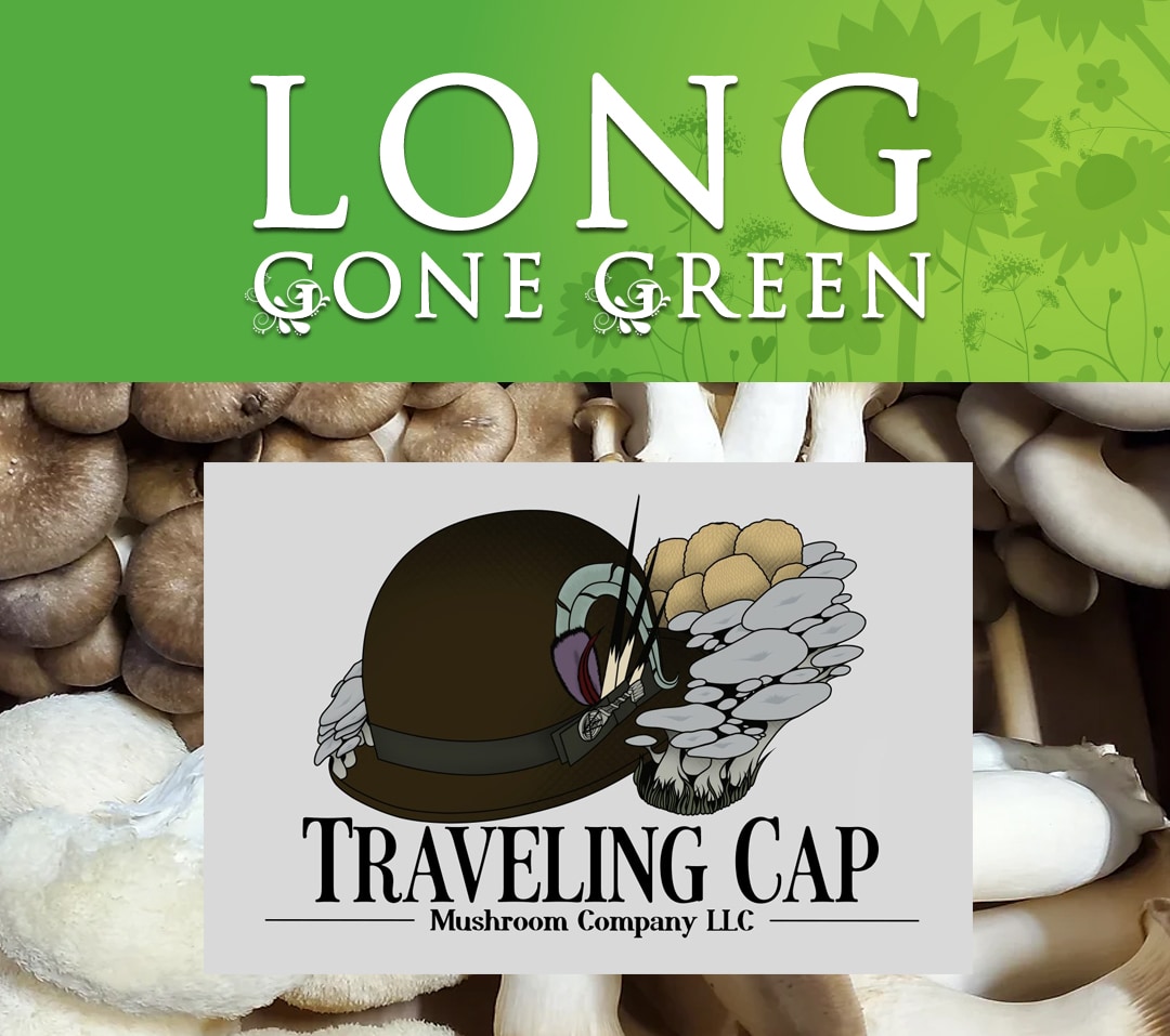 Long Gone Green logo header with Traveling Cap Mushroom Company Logo with Mushrooms in the background