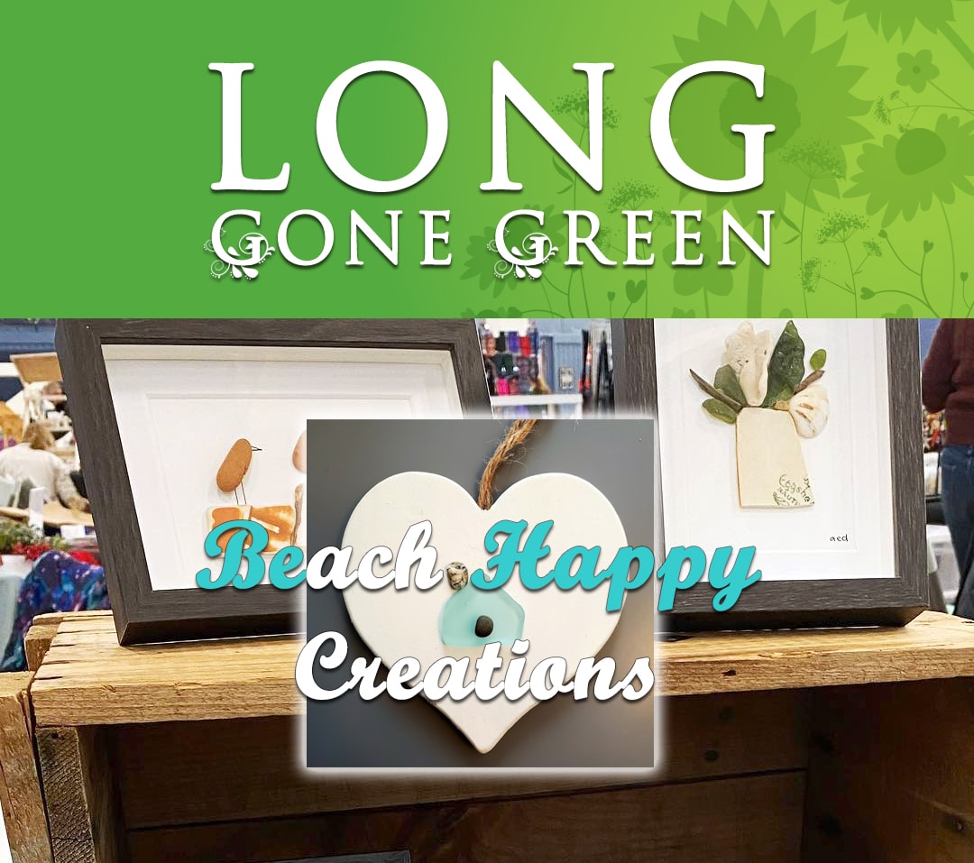 Long Gone Green Logo header with Beach Happy Creation logo with their beach art in the background