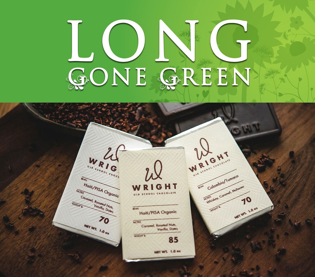 Long Gone Green heading featuring Wright Old School Chocolate. There are 3 chocolate bars displayed