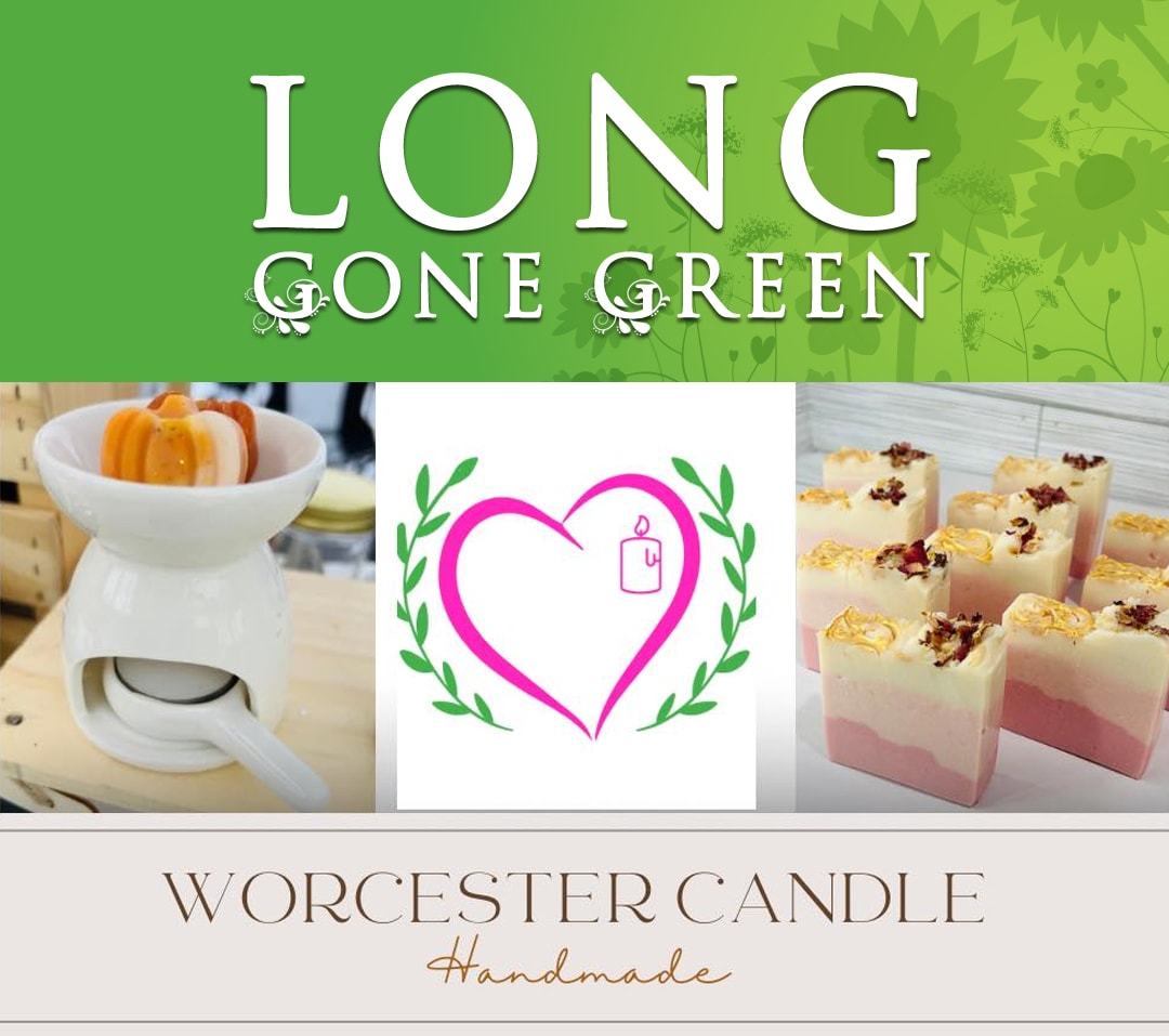 Long Gone Green Logo header with Worcester Candle Comapany logo. There are their natural candles in the background.