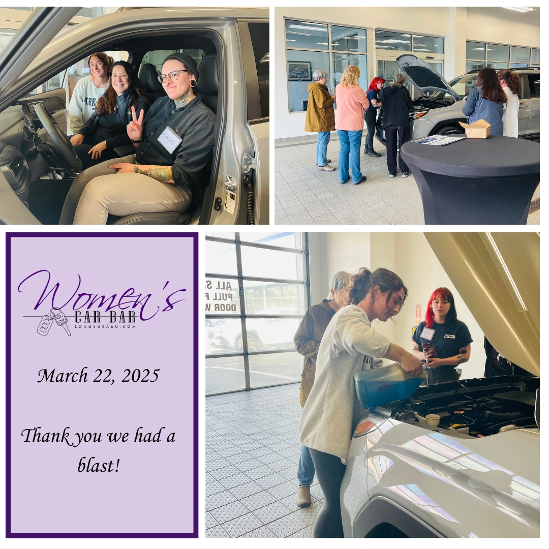 3 pictures showing what happened at the first car bar. one has Carille sitting in the forester with 2 women participants. then shows more of alana showing the engine