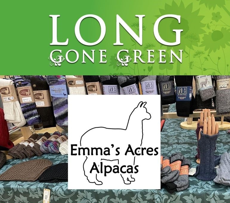 Long Gone Green logo and Emma's Acres Alpaca logo. there are alpaca socks hats and yarn in the background from Emma's Acres Alpacas