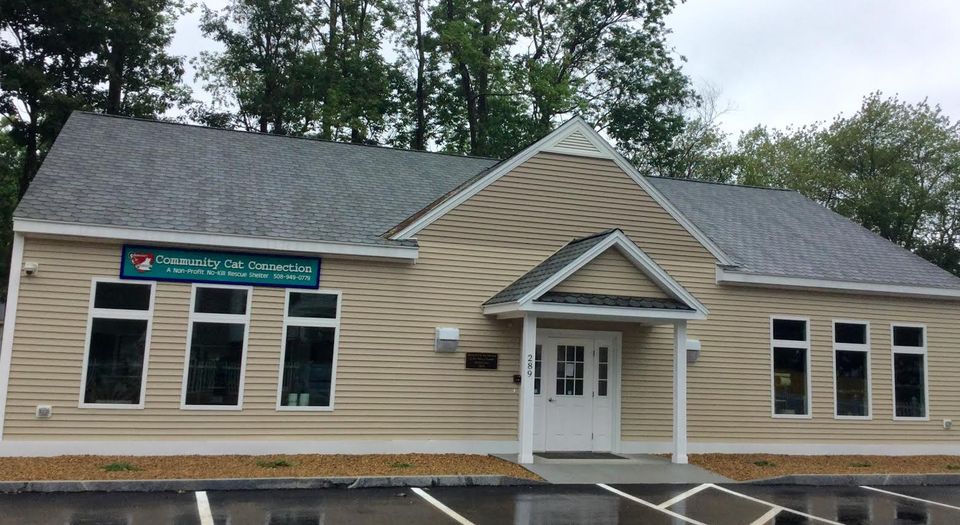 The shelter of Community Cat Connection, a tan house. 