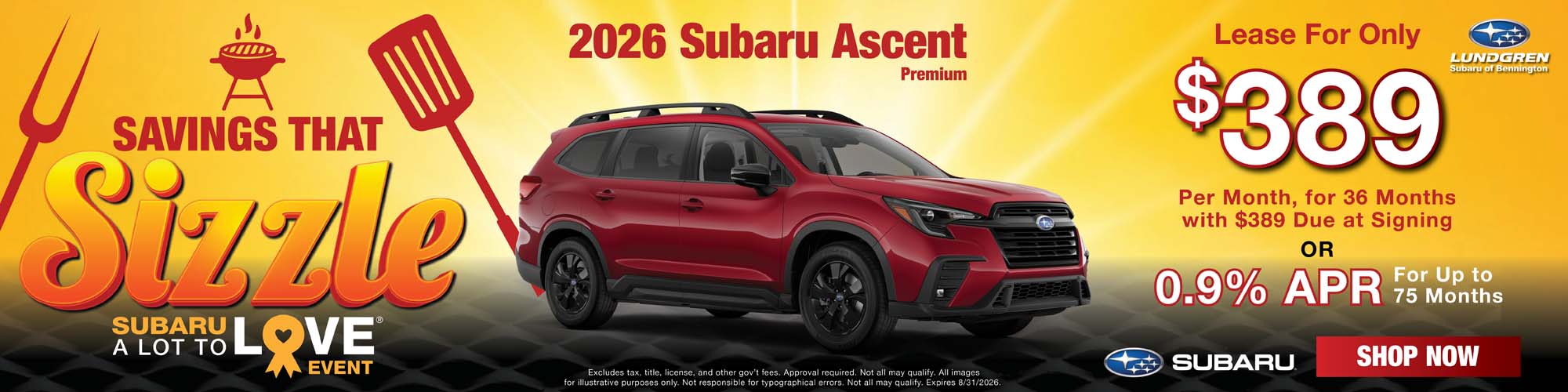 2026 Subaru Ascent Premium lease $389/mo