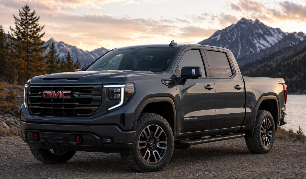 Black 2026 GMC Sierra 1500 truck with mountain scenery background.