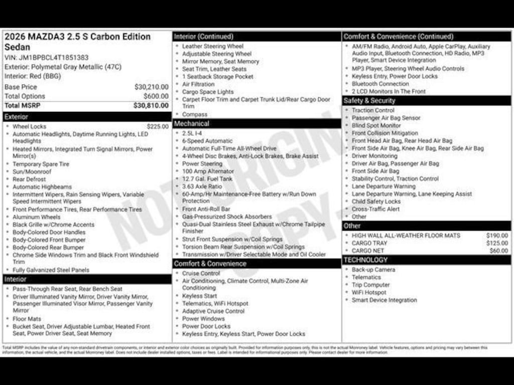 New 2026 Mazda Mazda3 Sedan 2.5 S Carbon Edition AWD SEDAN