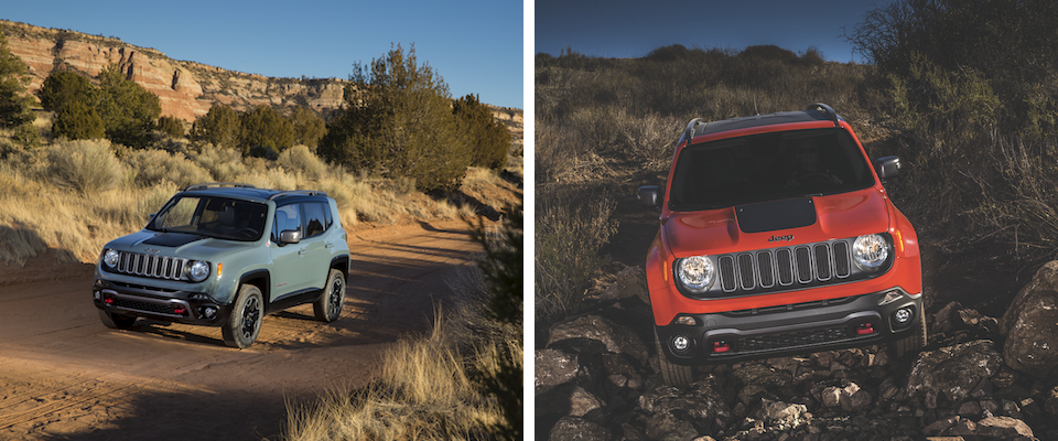 Jeep Renegade A green Jeep Renegade driving through the desert and an orange Jeep Renegade Offroading