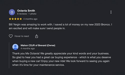 5-star Google Review of Mahon CDJR of Brevard NC
