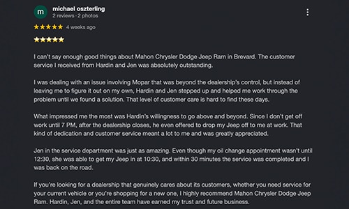 5-star Google Review of Mahon CDJR of Brevard NC