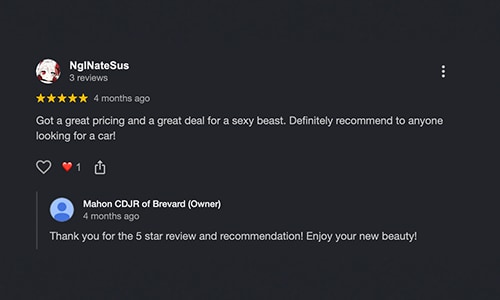 5-star Google Review of Mahon CDJR of Brevard NC