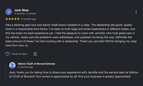5-star Google Review of Mahon CDJR of Brevard NC