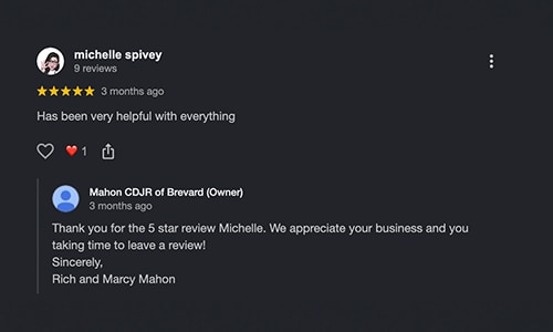 5-star Google Review of Mahon CDJR of Brevard NC