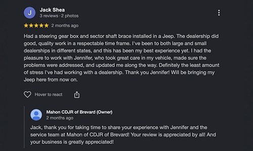 5-star Google Review of Mahon CDJR of Brevard NC