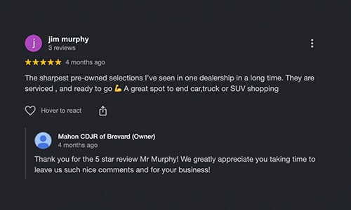 5-star Google Review of Mahon CDJR of Brevard NC