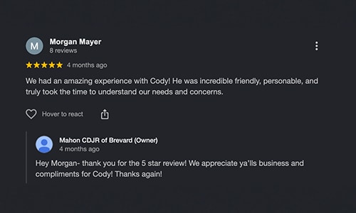5-star Google Review of Mahon CDJR of Brevard NC