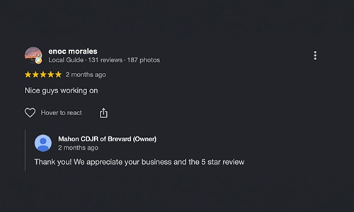 5-star Google Review of Mahon CDJR of Brevard NC