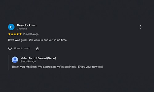 5-star Google Review of Mahon Ford of Brevard NC