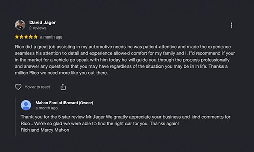 5-star Google Review of Mahon Ford of Brevard NC