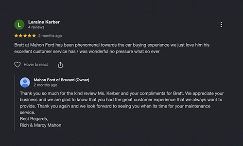 5-star Google Review of Mahon Ford of Brevard NC